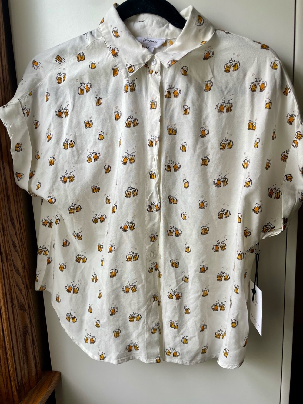 Japna • Cream Short-Sleeve Button-Down Shirt with Beer Mug Print 🍻 NWT